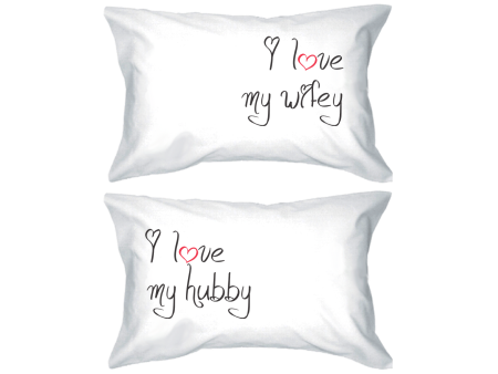 I Love My Hubby and Wifey Standard Size 21 x 30 Matching Couple Pillowcases For Sale