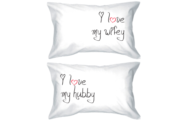 I Love My Hubby and Wifey Standard Size 21 x 30 Matching Couple Pillowcases For Sale